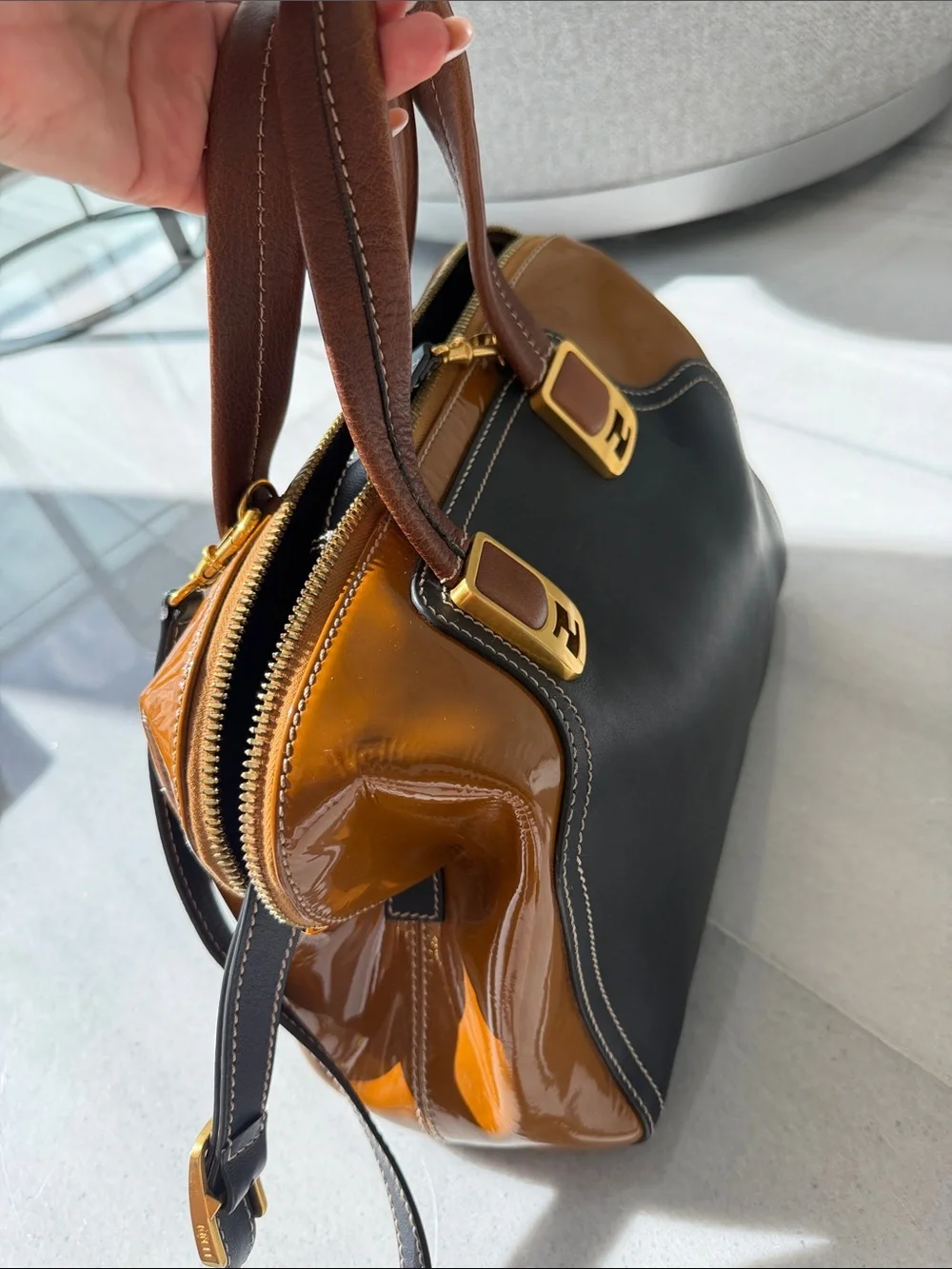 Fendi Black and Brown Patent Leather Top-Handle Satchel